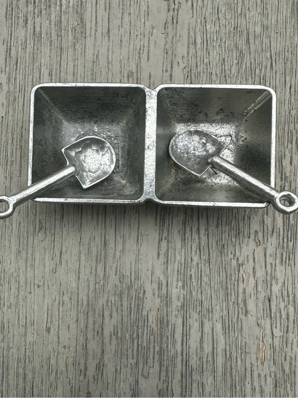 Vintage Style Pewter Double Open Salt Cellar or Dip 2 Miniature Shovel Spoons